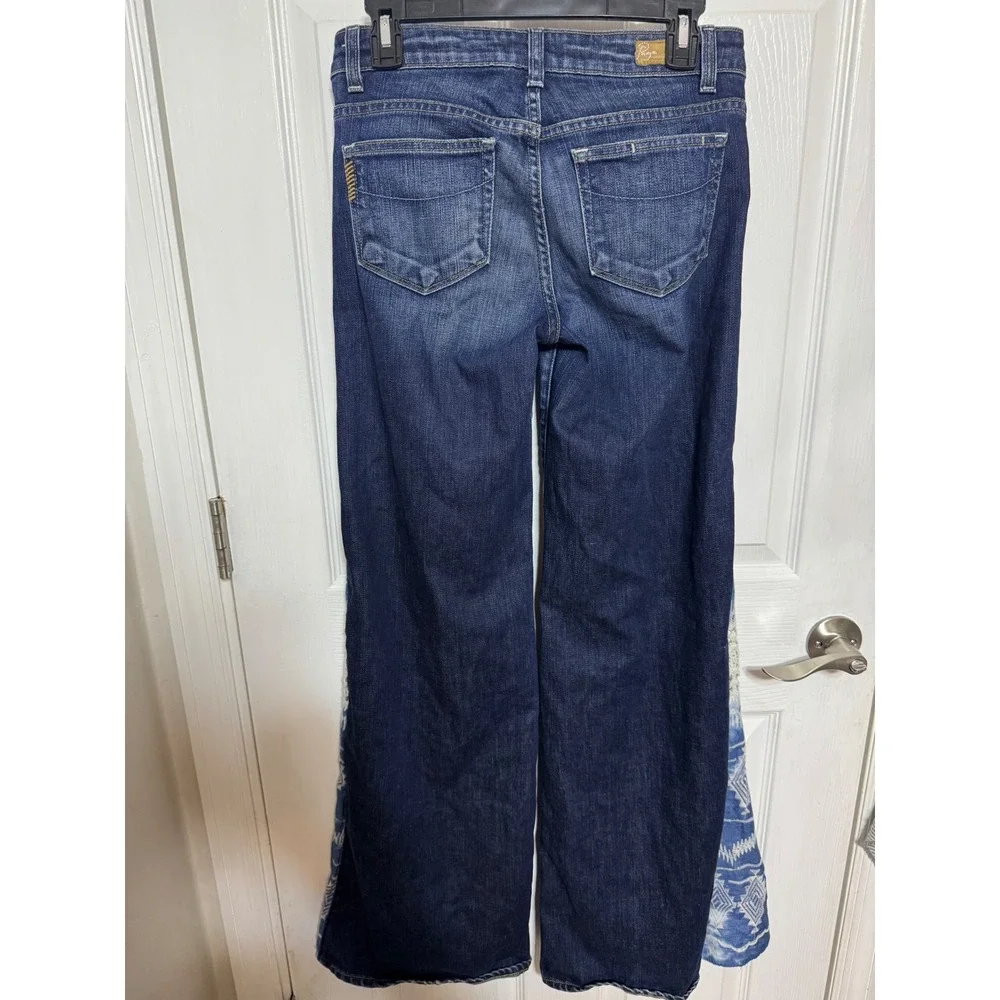 Paige Premium Denim Boho Wide Leg Jeans Crochet Ikat Side Panel Dark Wash 27